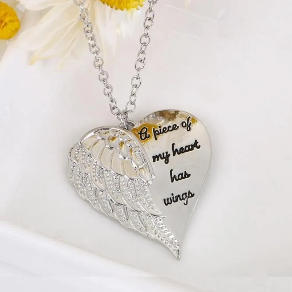 3for$20 1pc Angel Wing Pendant With English Slogan & Heart Shaped Necklace